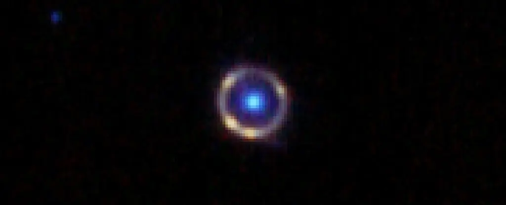 Colorized image of a distant Einstein ring. (JWST/MAST; Spaceguy44/Reddit)