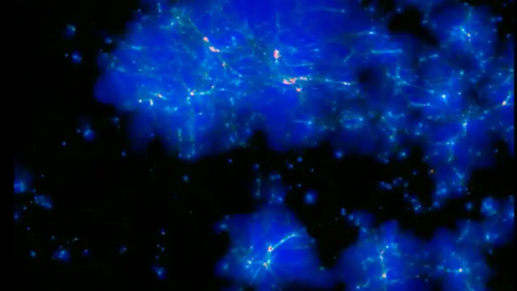 Erken evrenin yeni bir simülasyonundan alınan bu enstantanede radyasyon (mavi) yoğun yıldız ve galaksi filamentlerinden (beyaz) yayılıyor. P. OCVIRK/OBSERVATOIRE ASTRONOMIQUE DE STRASBOURG, PAUL SHAPIRO/THE UNIVERSITY OF TEXAS AT AUSTIN, THE COSMIC DAWN & CLUES COLLABORATIONS, SUMMIT/OAK RIDGE LEADERSHIP COMPUTING FACILITY