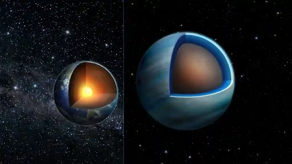 Bu, Dünya'nın (solda) ve ötegezegen Kepler-138 d'nin (sağda) bir kesitini gösteren bir sanatçı çizimi. Kredi: Benoit Gougeon (Montreal Üniversitesi)