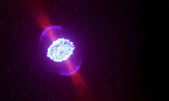 Nötron yıldızları birleştiklerinde, bu kavramsal resimde görüldüğü gibi, bir kilonova sinyaline güç veren radyoaktif püskürtüler üretebilirler. Resim kredisi: Dreamstime.