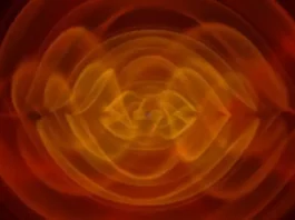 İki süper kütleli kara delik birleştiğinde ortaya çıkan kütleçekim dalgalarını gösteren çizim. (NASA/C. Henze)