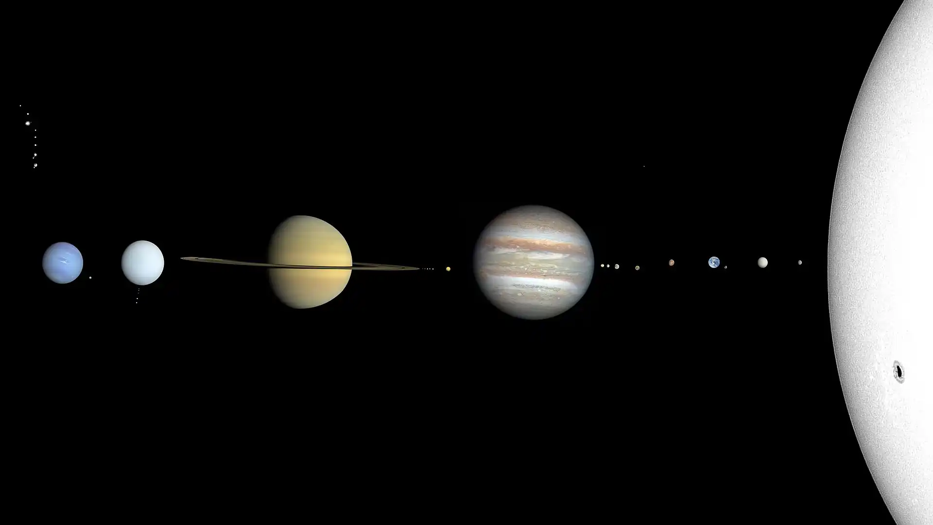Nihayet... Güneş Sistemi'nin gerçek rengi! Cüce gezegenler sağdan sola doğru dört ana sınıflandırma ile yukarıdan aşağıya doğru yarıçaplarına göre sıralanmıştır: Asteroid kuşağı (Ceres, Jovian uydularının üstünde), Kuiper kuşağı (Orcus, Quaoar, Makemake, Haumea, Pluto), dağınık disk (Gonggong, Eris) ve ayrık nesneler (Sedna). Cüceler uydulardan daha büyük ölçektedir. Gezegen ve ay kredileri: Kullanıcı:MotloAstro (Güneş); NASA (Merkür, Venüs, Dünya, Ay, Jüpiter, Satürn, Uranüs, Neptün, Io, Europa (renk düzeltmesi ile), Ganymede, Callisto (Kevin M. Gill), Mimas, Enceladus, Tethys, Dione, Rhea, Titan, Miranda, Ariel, Umbriel, Titania, Oberon, Triton); ISRO / ISSDC / Justin Cowart (Mars) Cüce gezegenler + uydular kredi: NASA ve ESA