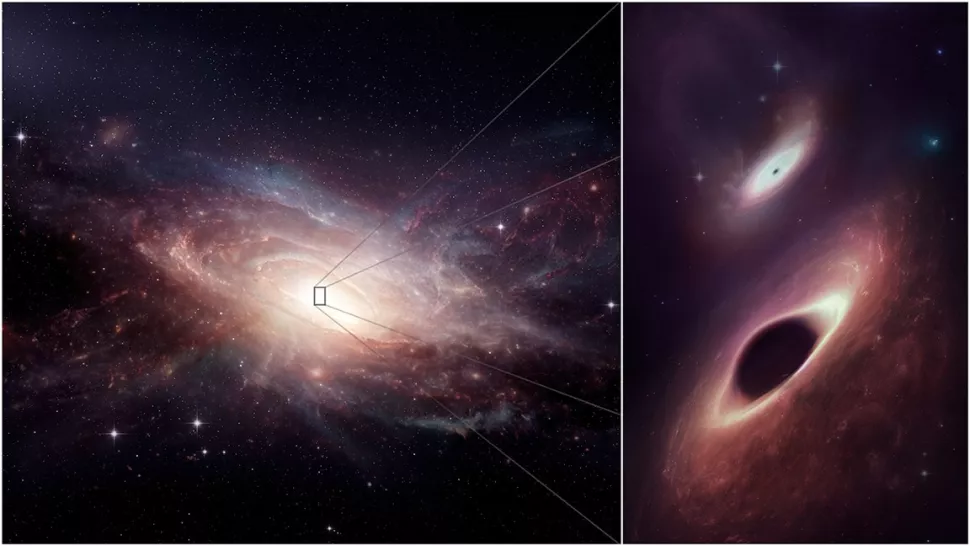 İki süper kütleli kara delik, büyük bir galaksi birleşmesinden arta kalanlarla besleniyor (Görsel kredisi: ALMA (ESO/NAOJ/NRAO); M. Weiss (NRAO/AUI/NSF))