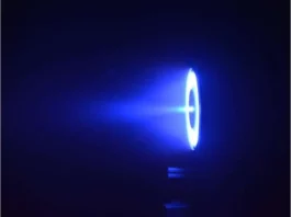 The glow of the plasma from the H9 MUSCLE Hall thruster during a test with krypton propellant. Credit: Plasmadynamic and Electric Propulsion Laboratory