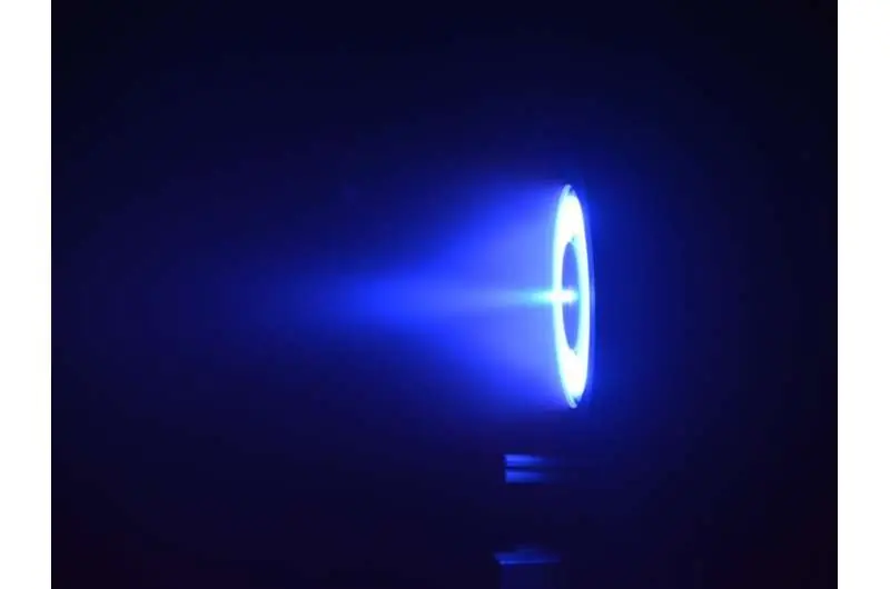 Plasma Thrusters, The glow of the plasma from the H9 MUSCLE Hall thruster during a test with krypton propellant. Credit: Plasmadynamic and Electric Propulsion Laboratory