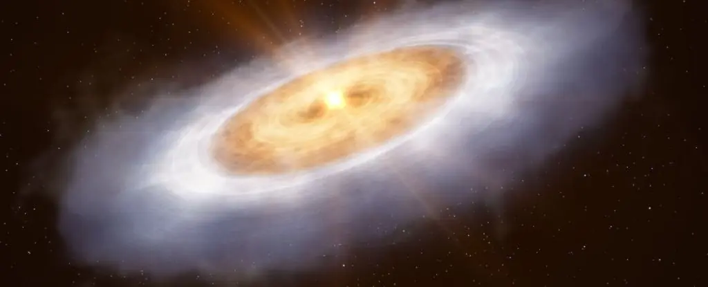 Illustration of V883 Orionis and its heated disk. (ESO/L. Calçada)